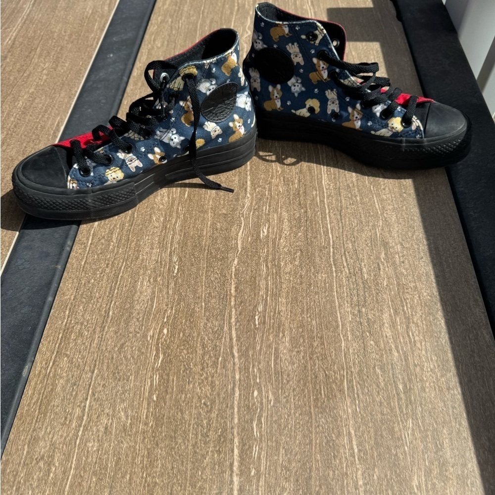 Converse Black and Red High-Top Sneakers with Dog Print
